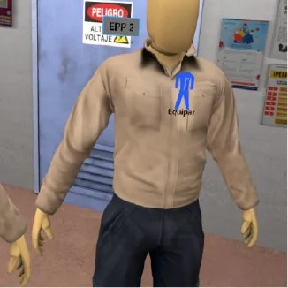 Cartoon figure in brown work uniform standing in front of a safety sign on a door, labeled "PELIGRO, ALTA VOLTAJE" with "EPP 2."