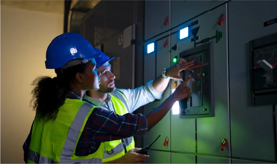 Two engineers wearing hard hats and safety vests inspect control panels in a dimly lit industrial setting.