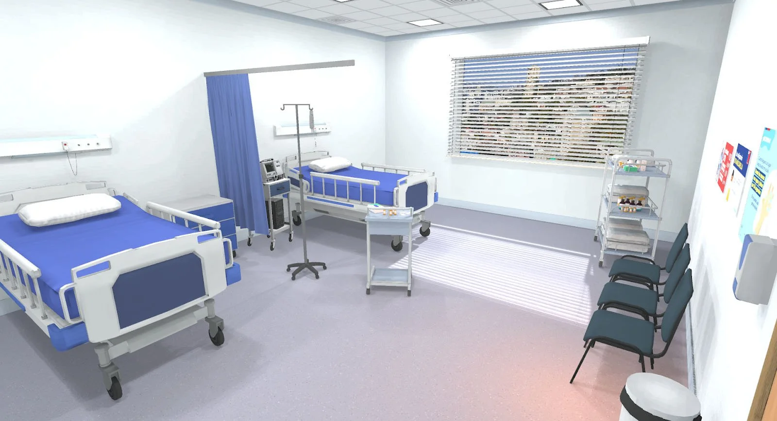 Hospital room with two beds, medical equipment, and chairs.