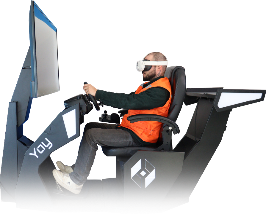 Person using a driving simulator with VR headset and steering wheel