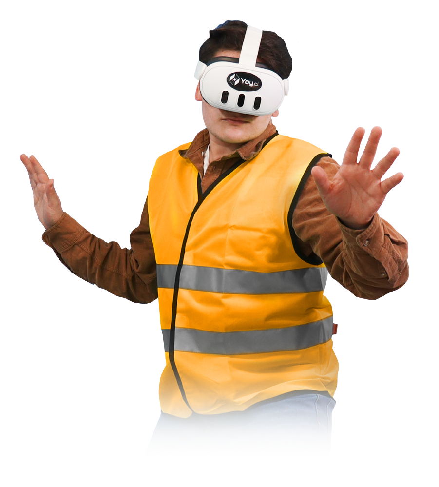 Person wearing a yellow safety vest and virtual reality headset, gesturing with hands.