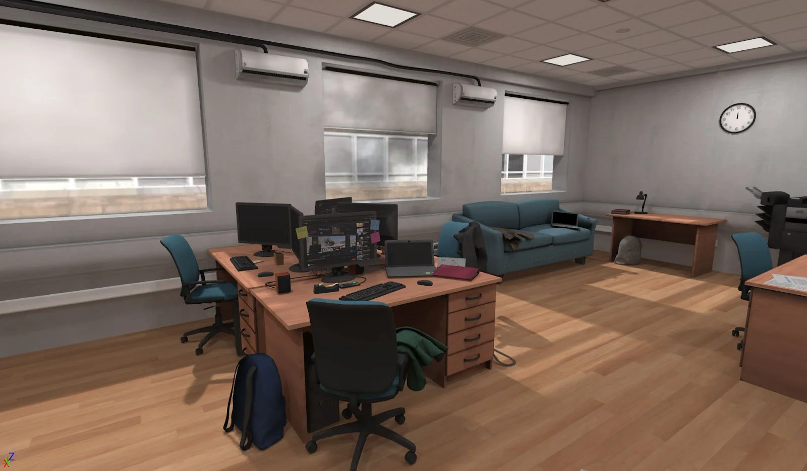 Modern office interior with desks, computers, chairs, a couch, clock, and windows.