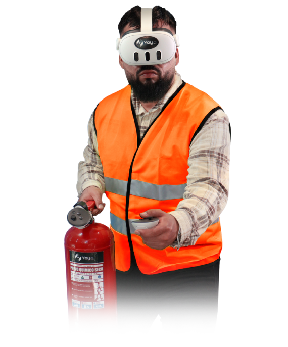 Person wearing VR headset and orange safety vest holding fire extinguisher