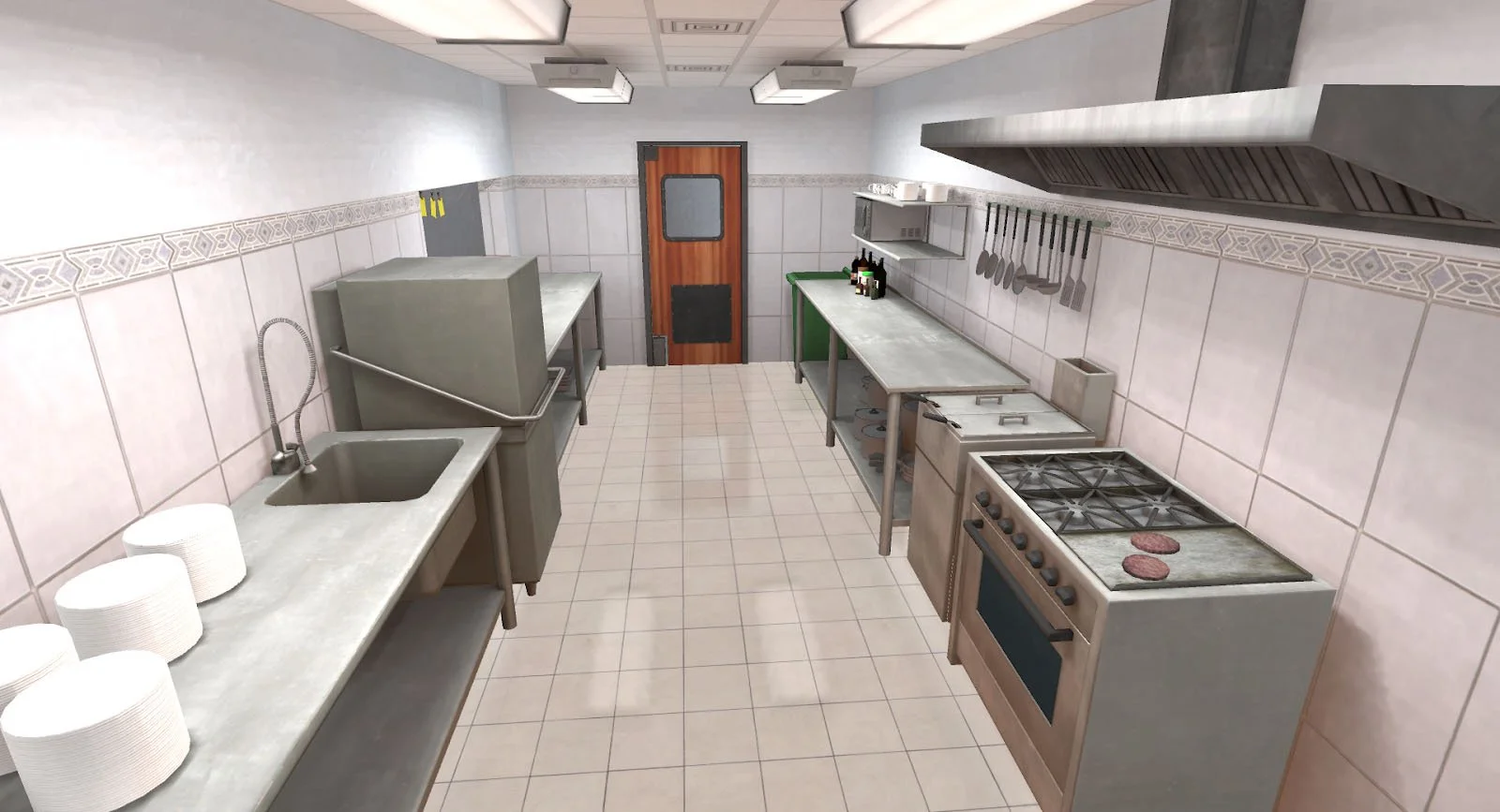 Commercial kitchen interior with stainless steel countertops, stove with two patties, wall-mounted utensils, sink, and storage shelves.