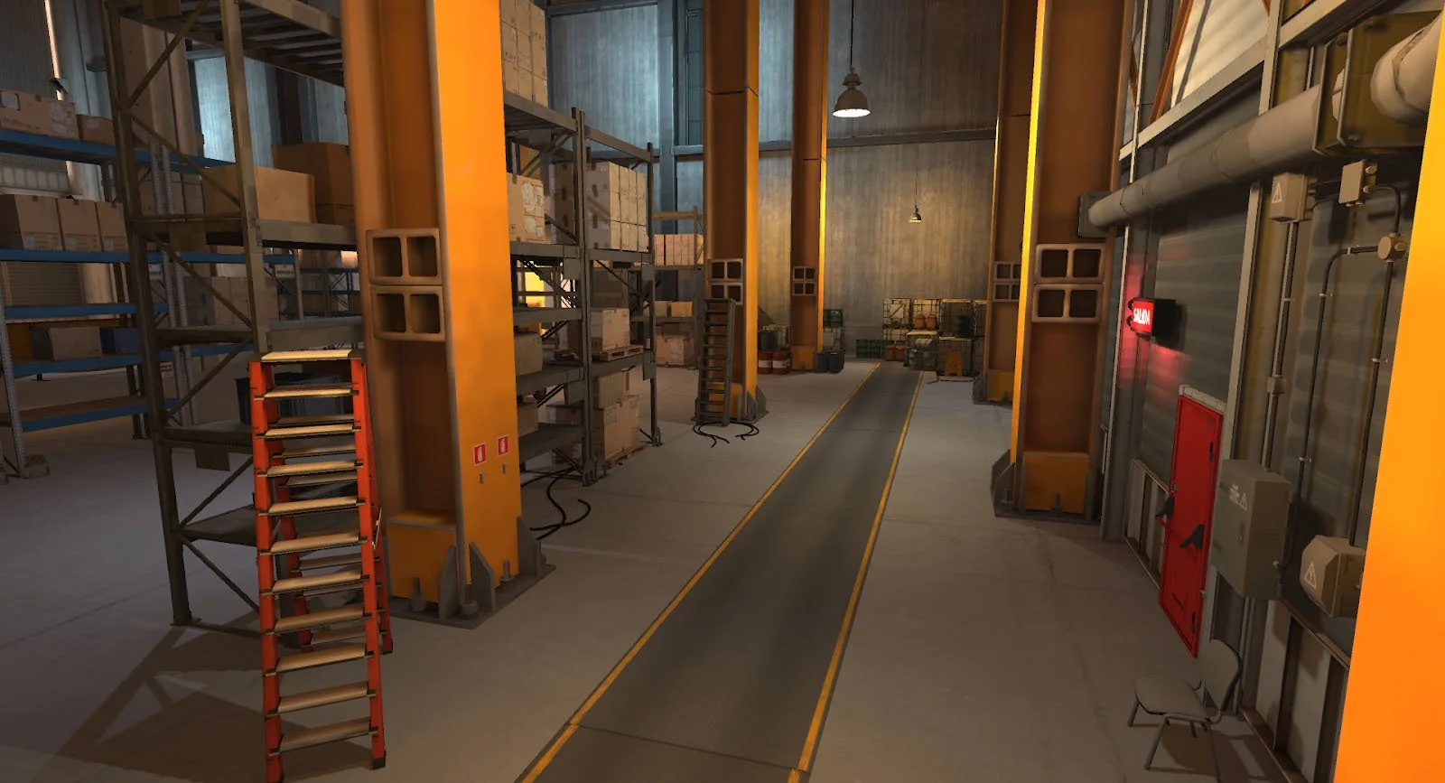 Interior of a large warehouse with shelves, boxes, ladders, and safety signs.