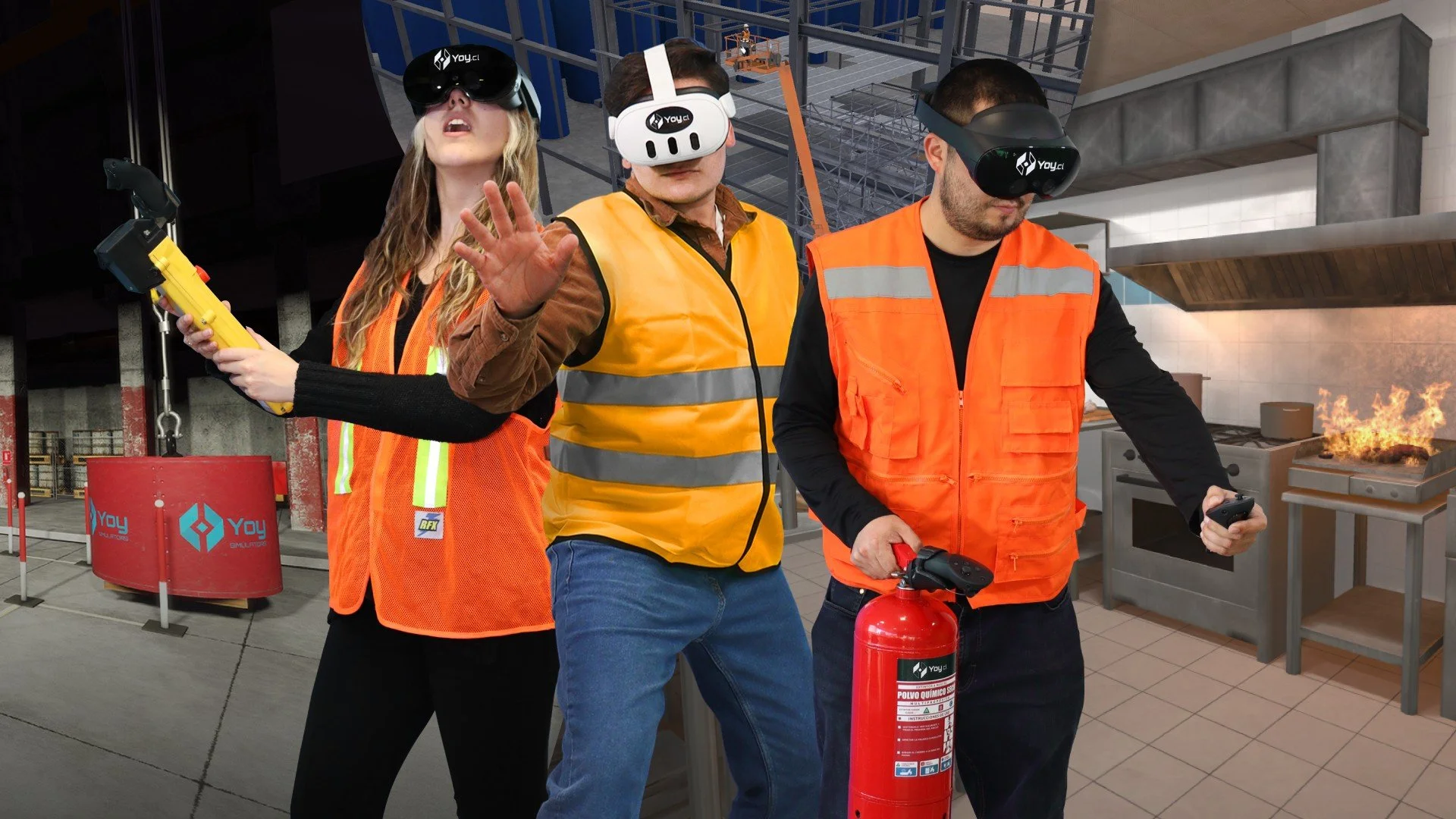 Three people wearing VR headsets and orange safety vests in a mixed virtual environment, including a construction site and a kitchen with a fire. One person holds a fire extinguisher, another holds a yellow tool, and the third is gesturing with a hand.