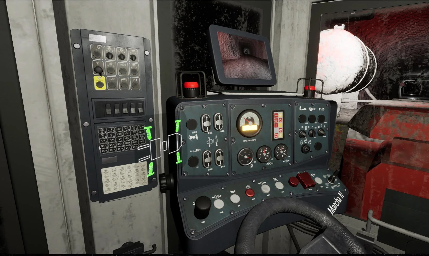 Close-up of a control panel inside a vehicle, featuring buttons, dials, and switches, next to a small monitor showing an interior view, with a weathered wall and part of a window in the background.