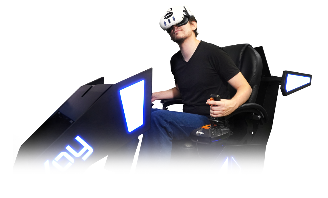 Individual using a flight simulator with VR headset and joystick.