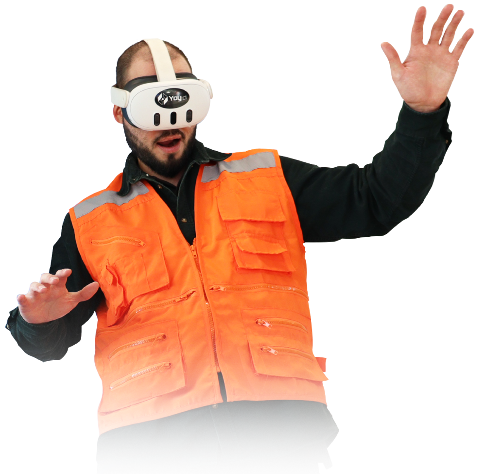 A person wearing a virtual reality headset and an orange safety vest.
