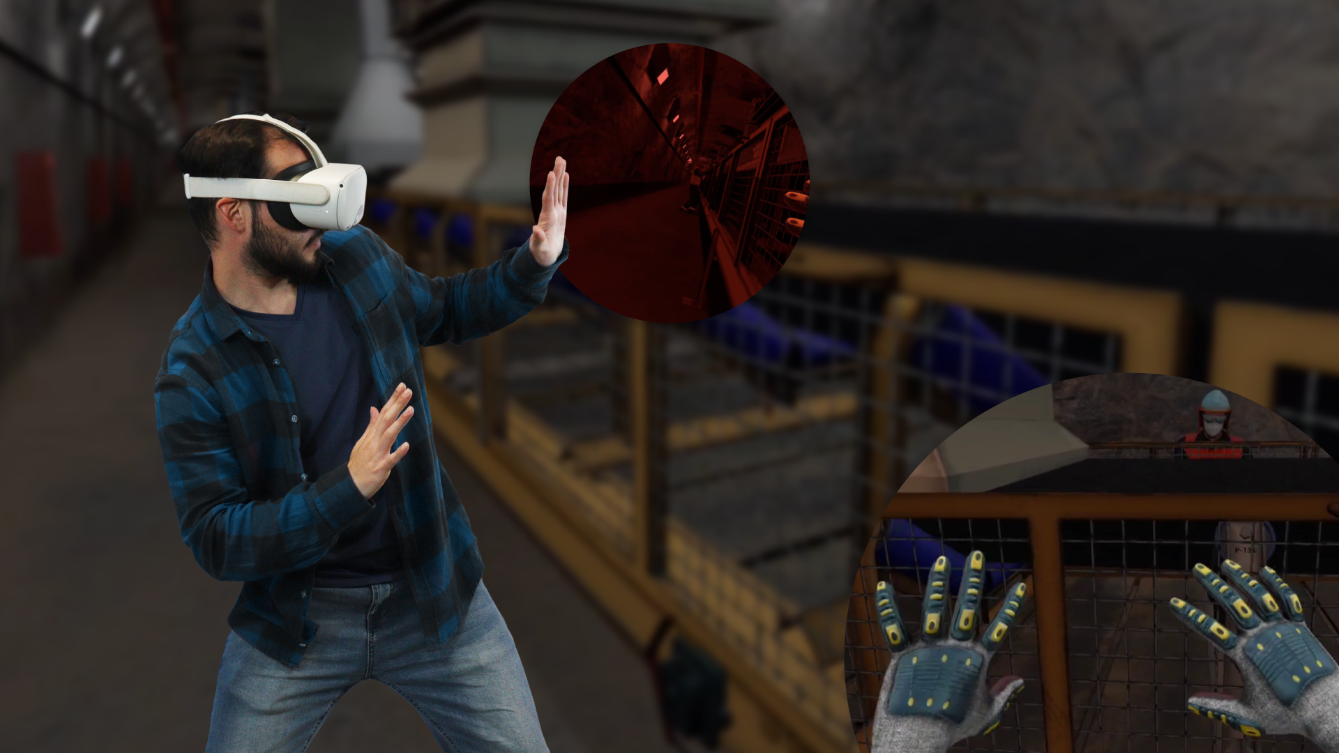 Man wearing a virtual reality headset interacting with a virtual environment, featuring industrial and sci-fi elements.