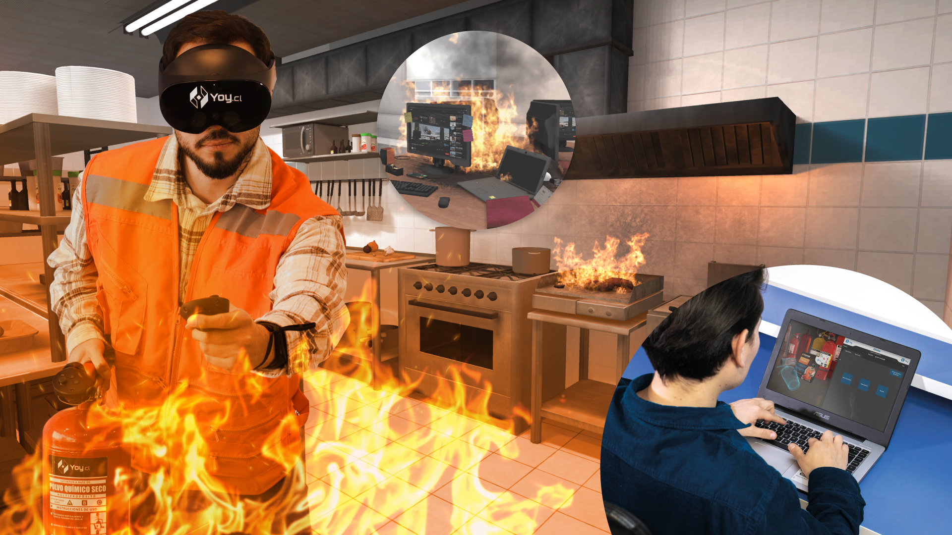 A man in a virtual reality headset using a fire extinguisher to combat a simulated kitchen fire, with a person on a laptop controlling a training program. The kitchen is in flames, and safety training is depicted.