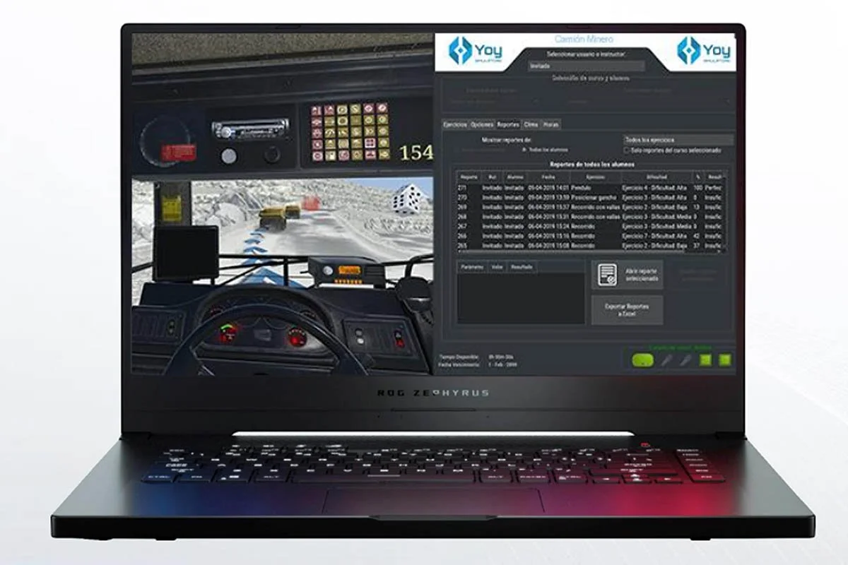A laptop displaying a driving simulation with a road through snowy terrain and dashboard controls.