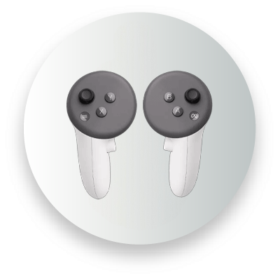 Two gray and white handheld game controllers on a light background.