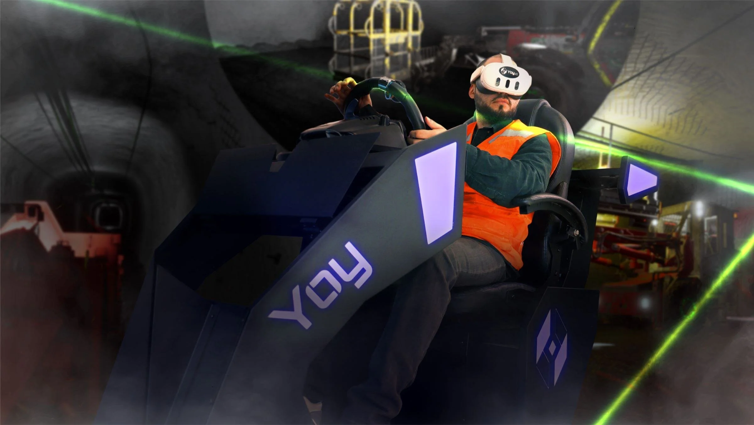Person wearing VR headset in a dark industrial setting, seated in a futuristic vehicle simulator with neon lights.
