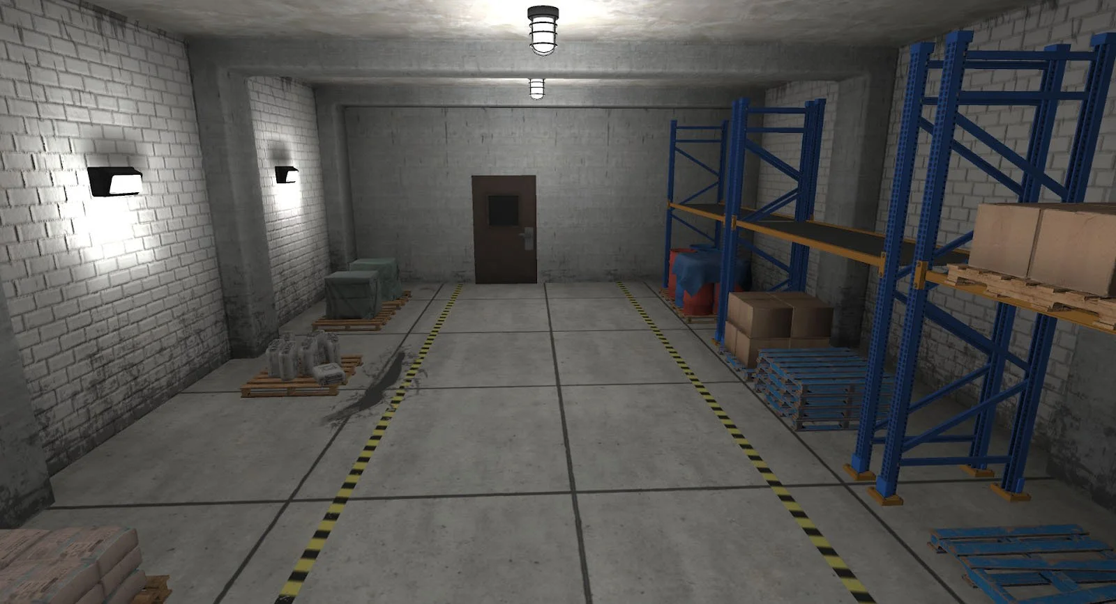 Industrial storage room with concrete walls, shelves, pallets, and boxes.