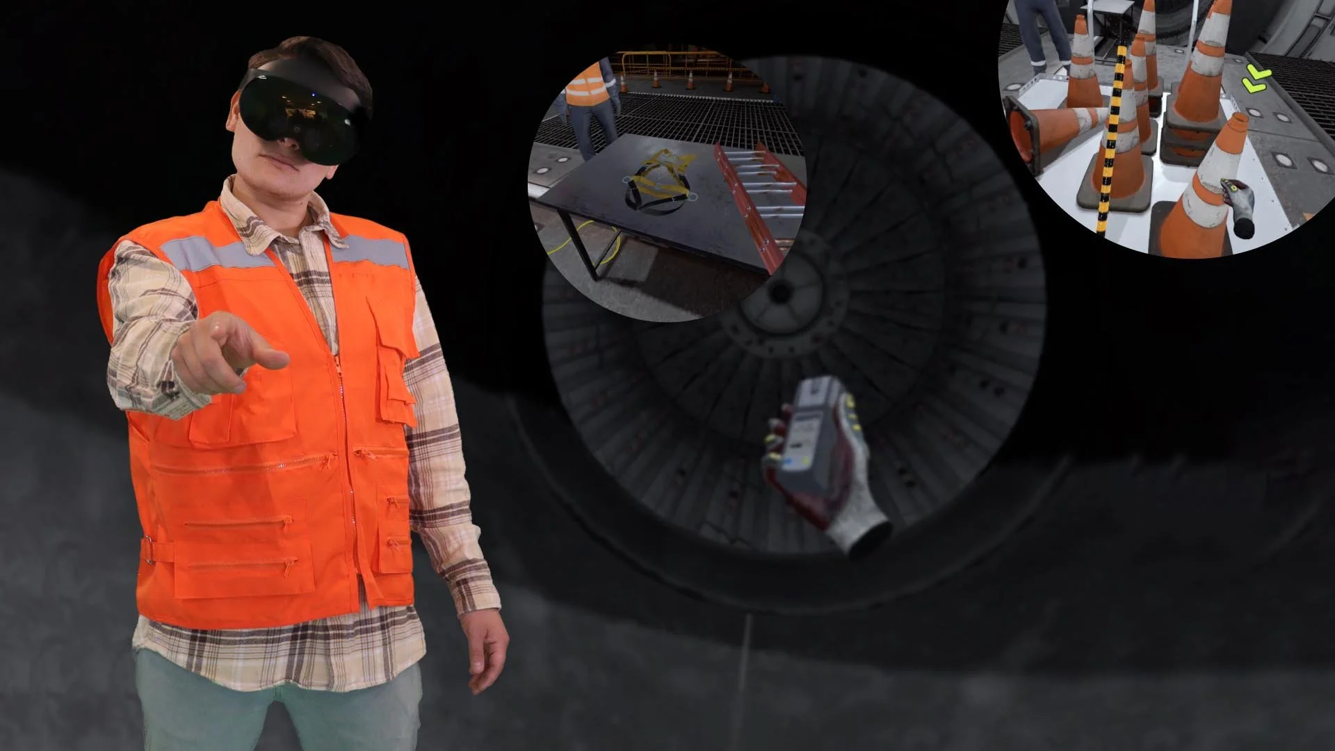 A person in safety gear wearing virtual reality goggles points toward the camera, with construction cones and tools in the background.