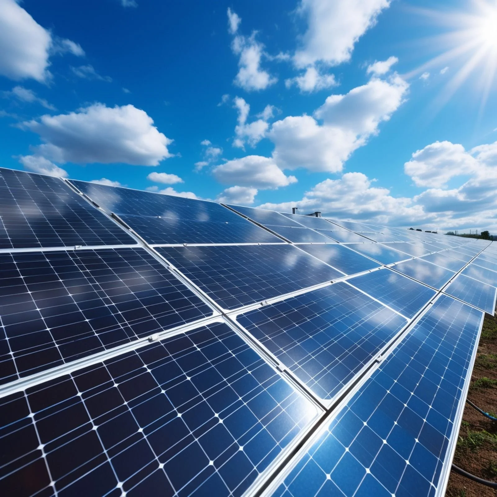 Solar panels in a field under a bright blue sky with clouds and sunlight.