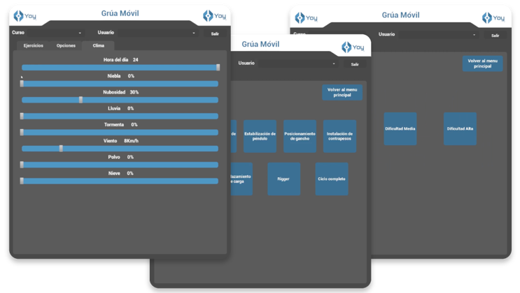 User interface of mobile crane simulation software featuring weather and time controls with sliders, and menu options for exercises and operations such as payload positioning and crane setup.