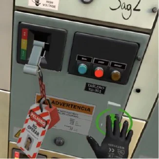 Electrical control panel with switches and warning labels, including a "Peligro No Operar" lockout tag and a hand icon suggesting caution.