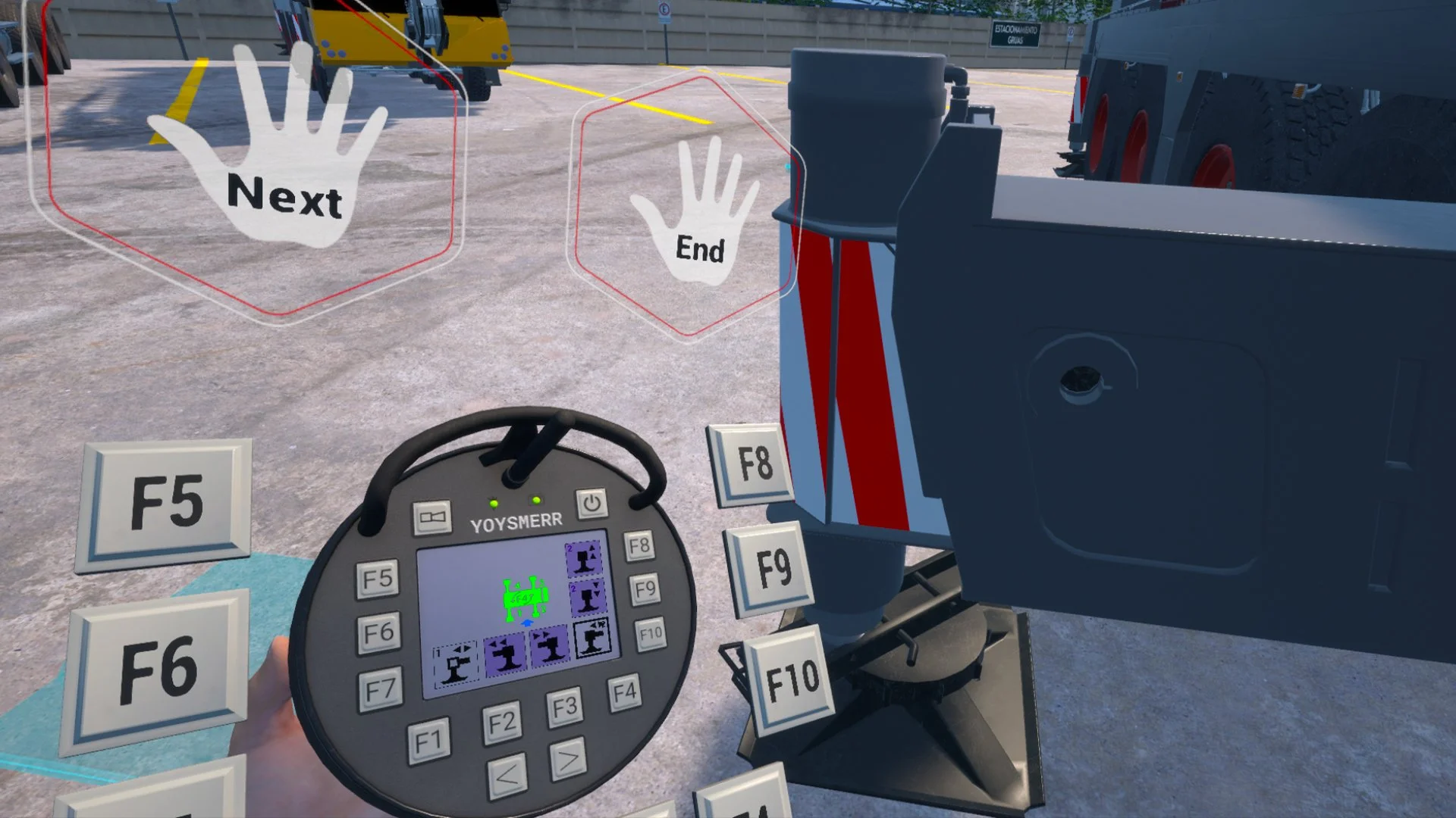 Virtual crane simulation interface with control panel and buttons for operation.