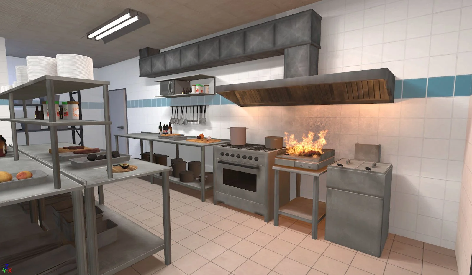 Commercial kitchen with stainless steel appliances, pots on stove, shelves with food items, and a grill with flames.