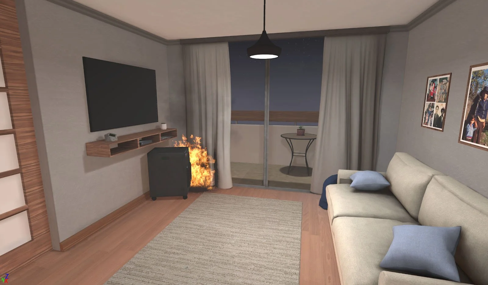 Living room interior with a small fire near a wall, modern furniture, a television, and a balcony view at night.
