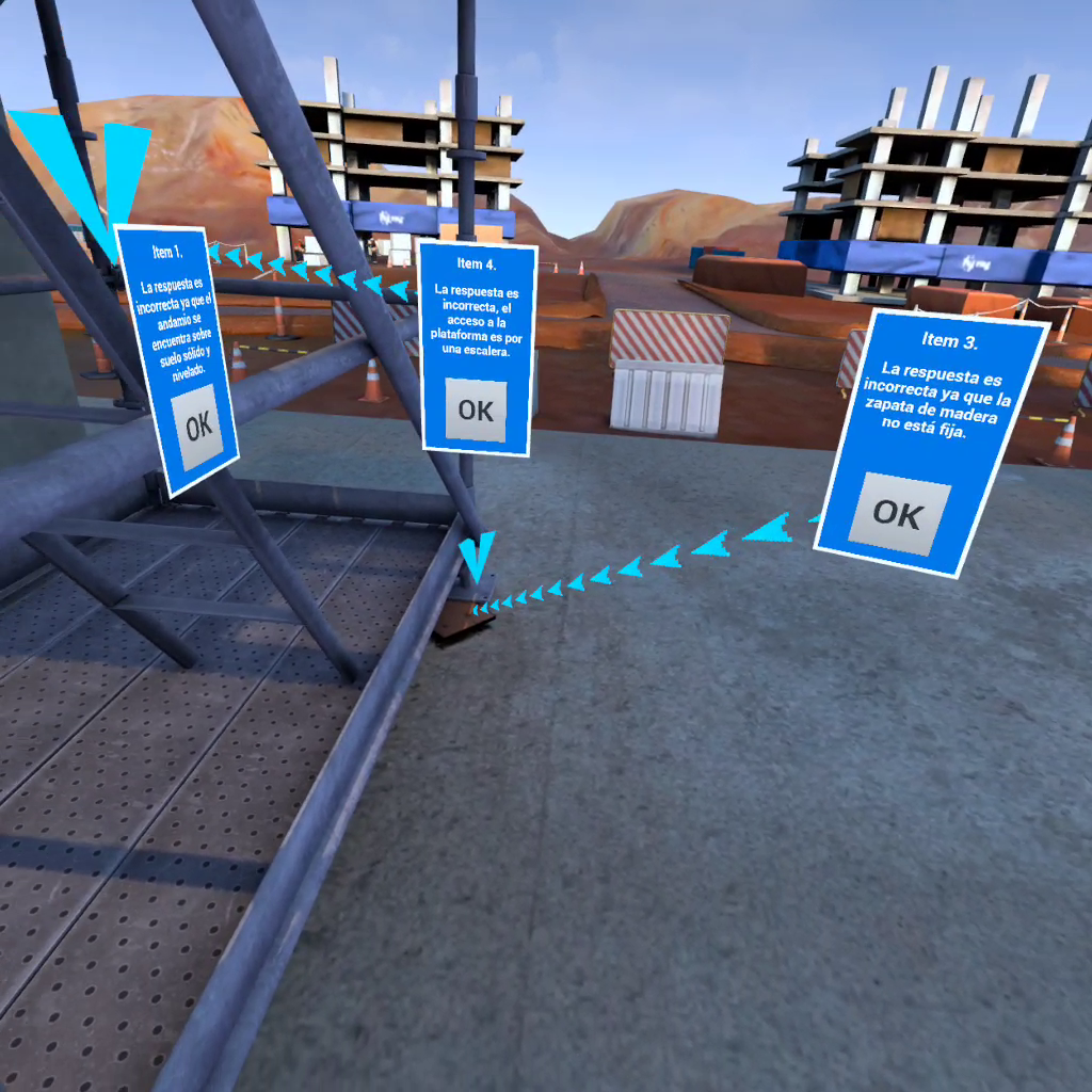 Construction site with steel structures, blue signs with Spanish text indicating errors, and partially built buildings in the background.