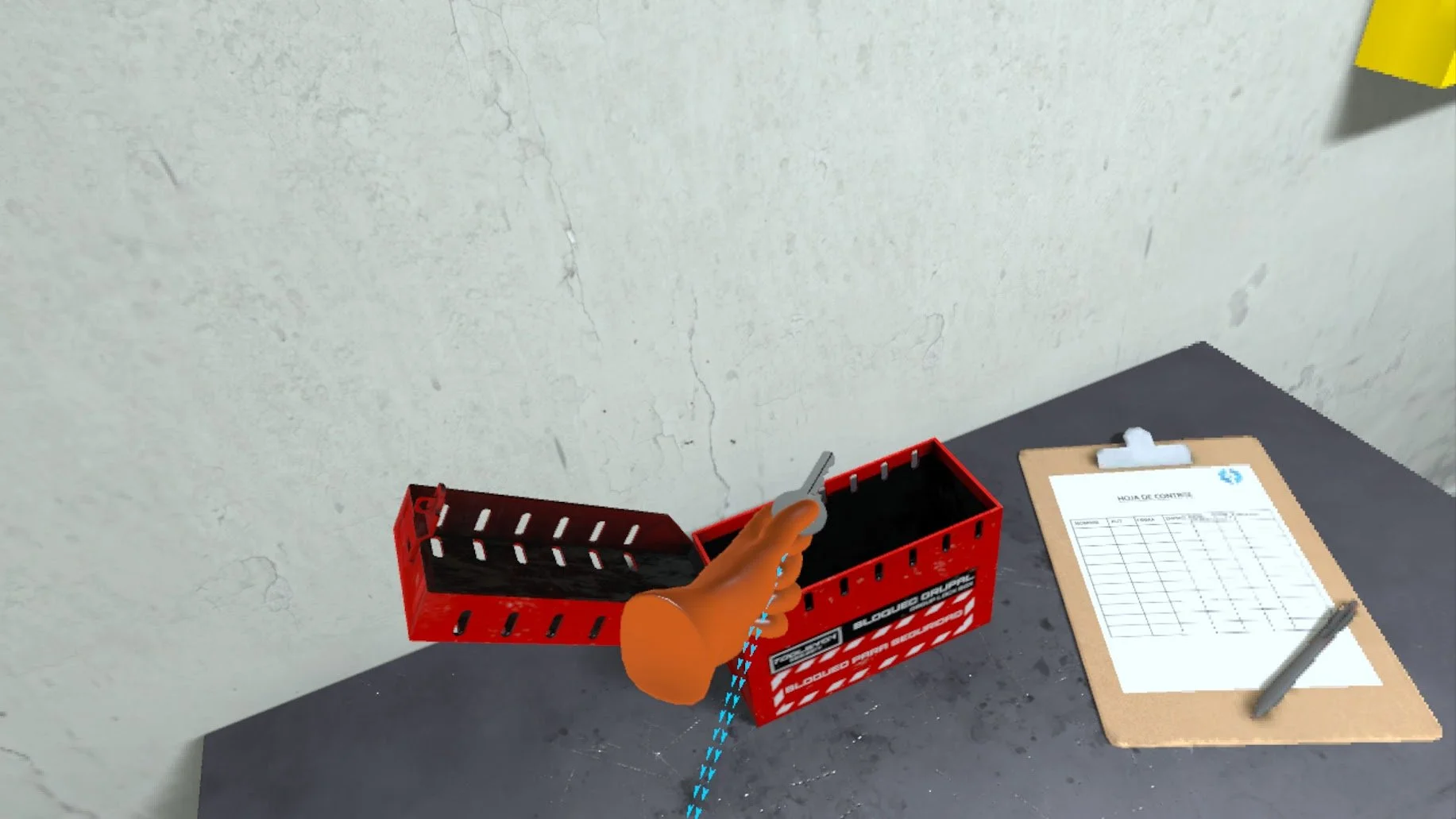 Virtual reality scene with a hand holding a tool next to a red lockout box and a clipboard on a table.