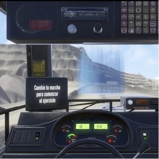 Interior view of a bus dashboard with Spanish text on a panel, gauge displays, and a scenic background.