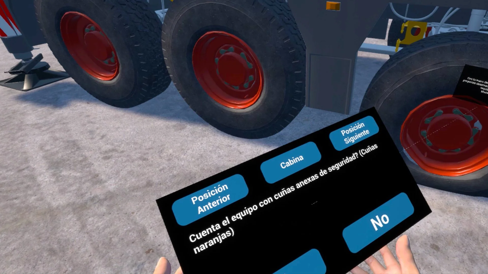 View of large vehicle tires with red hubs and a digital screen displaying Spanish text, possibly in a virtual or augmented reality setting.