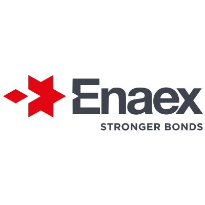 Enaex logo with red star-like shape and text 'Stronger Bonds', company branding