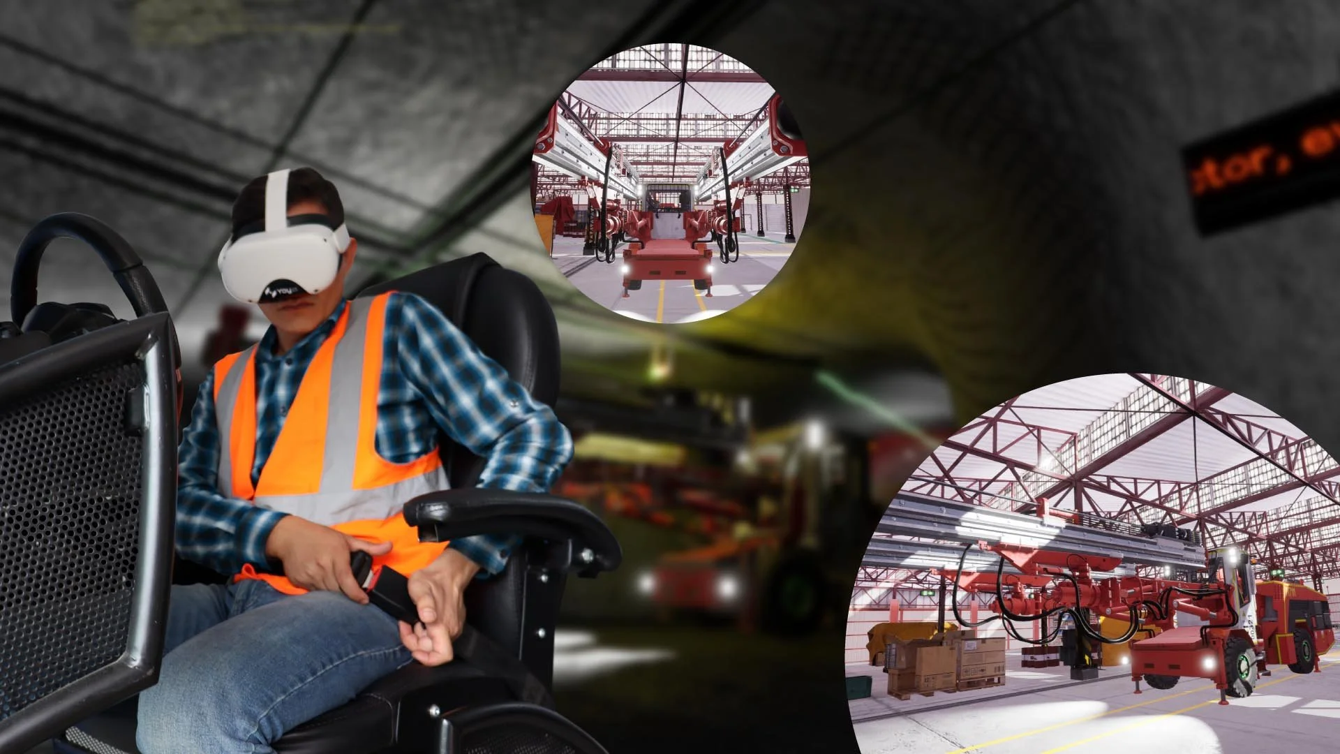 Person wearing virtual reality headset and orange safety vest sitting in a vehicle inside an industrial warehouse with red machinery and scaffolding overhead.