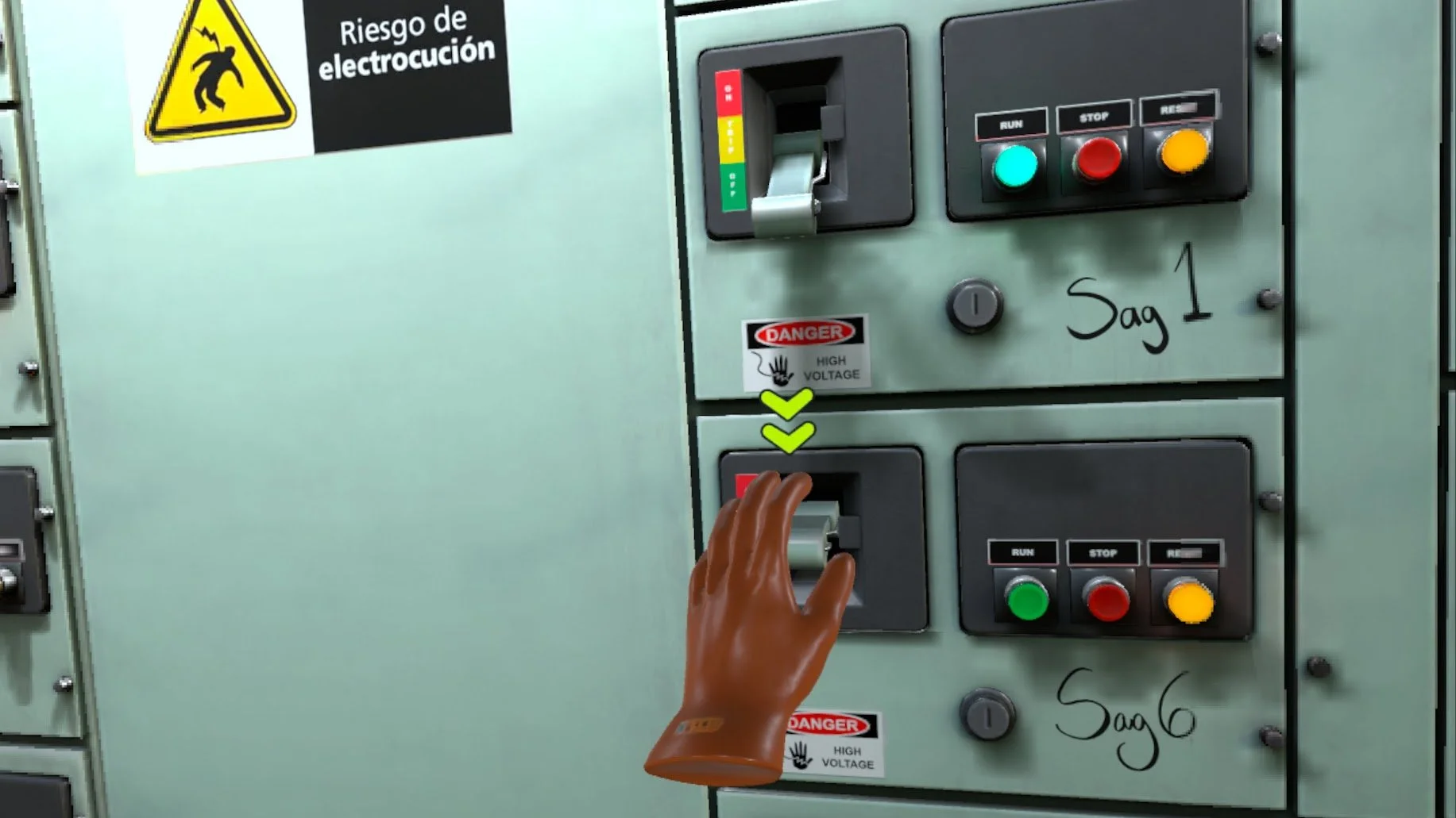 Virtual hand interacts with high voltage switch on an electrical panel with warning signs and labels in Spanish.