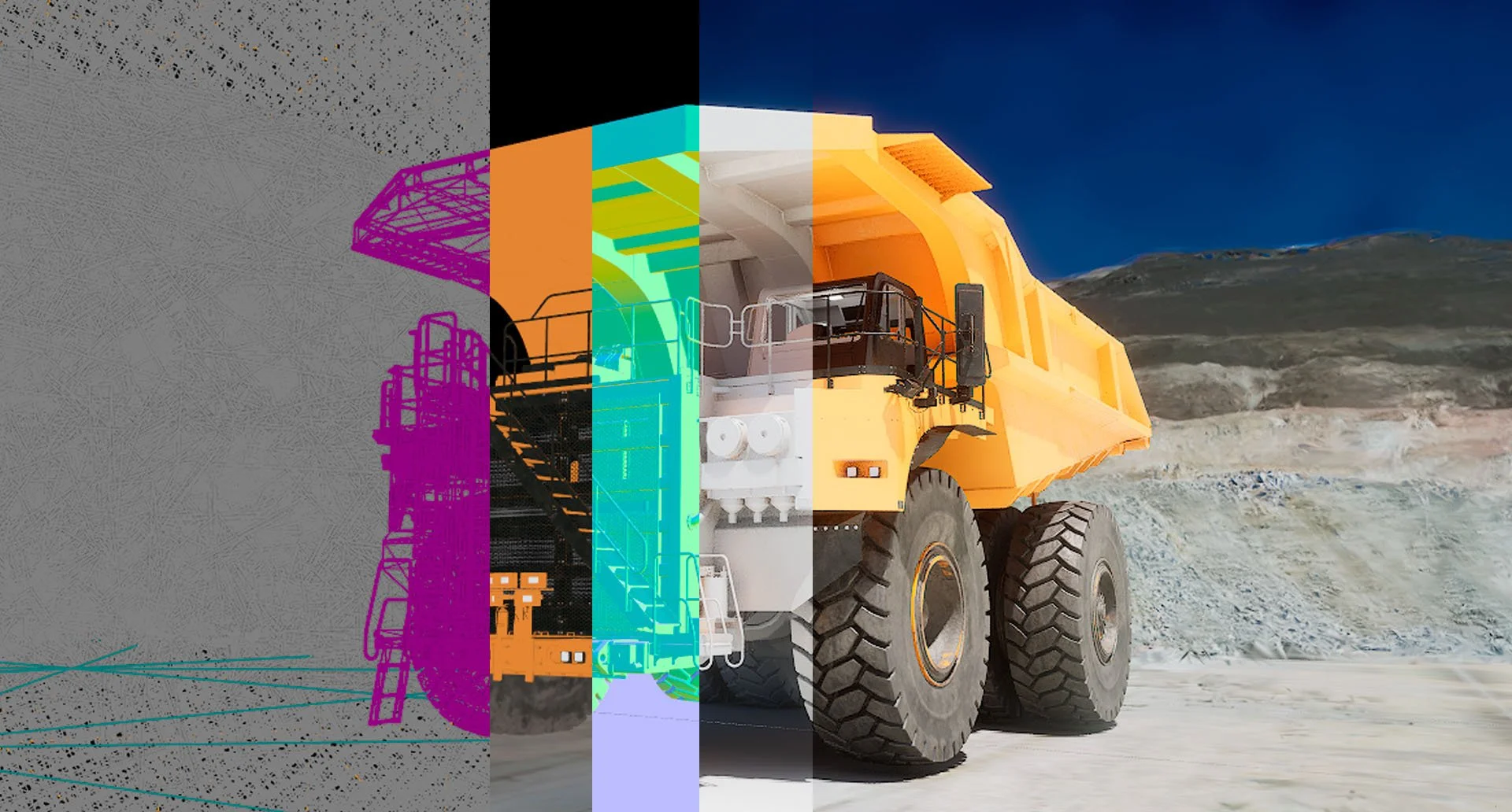 Multistage rendering process of a mining dump truck with gradient overlays, showing different design and development phases, set against a mine background.