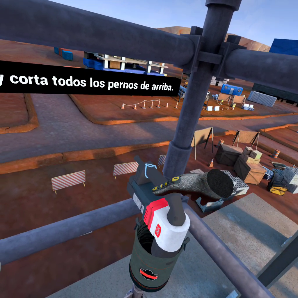 View from a construction site with a tool being used to cut bolts on a railing, surrounded by various equipment and barriers. Text in Spanish on the left side.