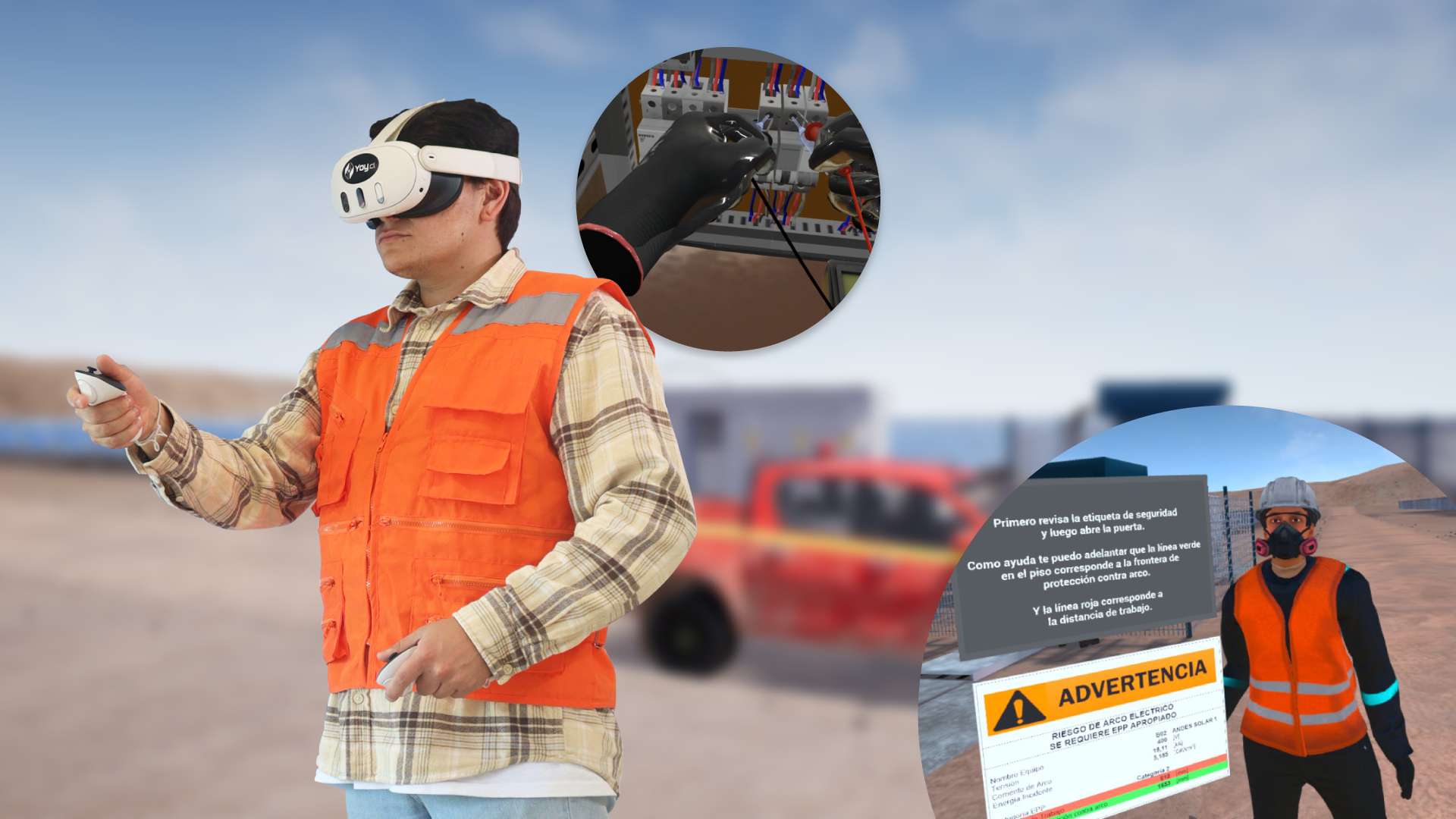 Person in VR headset and orange vest holds a controller, with two insets showing virtual environments: one with electrical wires and another displaying a safety warning and avatar.