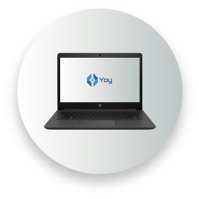 Open laptop with "Yoy" logo on screen