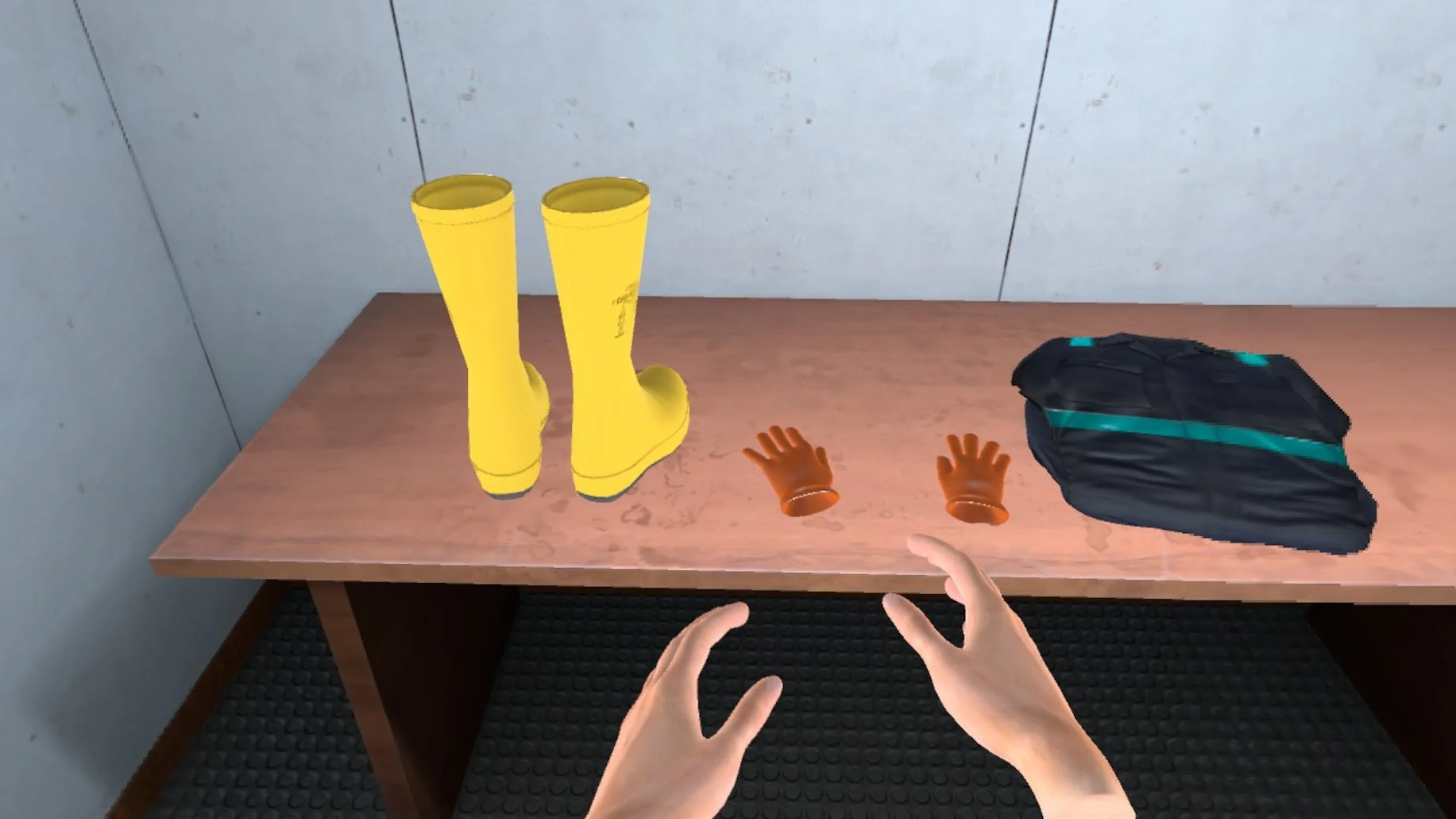 Yellow boots, brown gloves, and folded uniform on table with hands in foreground.