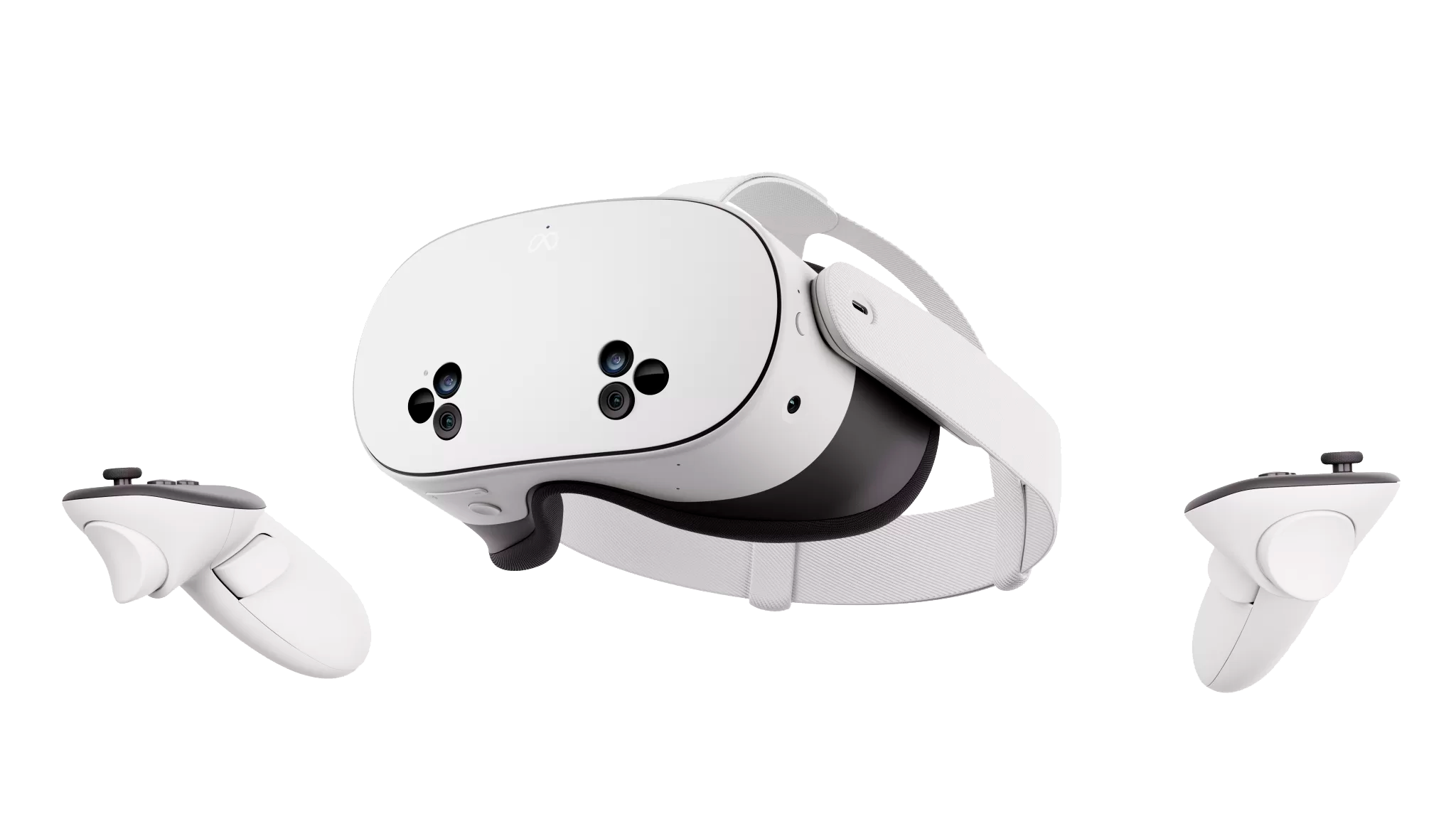 Close-up of a white virtual reality headset with controllers against a black background.