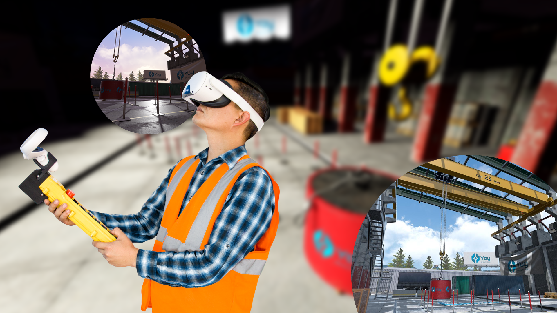 Person using a virtual reality headset and controller in a construction site simulator, with industrial equipment visible in the background and insets showing crane operations.