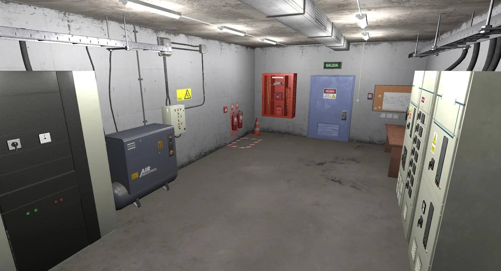 Industrial control room with electrical panels, emergency equipment, and a sign marked 'Salida' above a door.